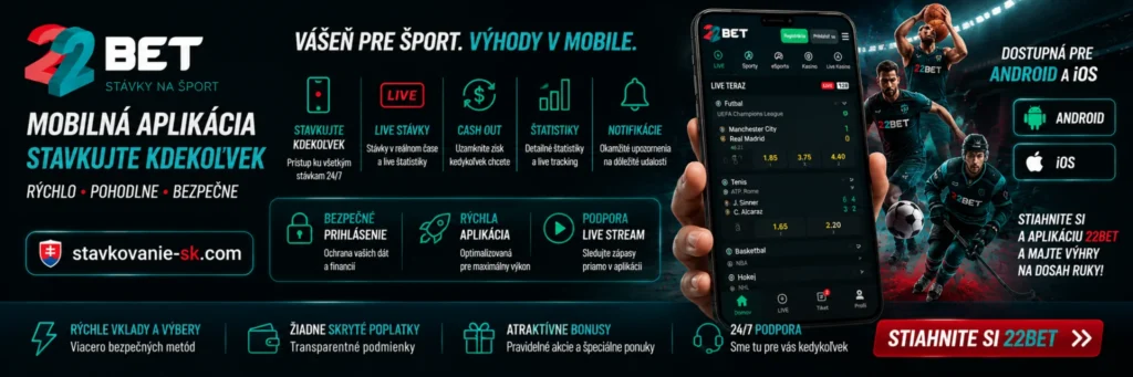 22Bet mobilná aplikácia – banner s LIVE stávkami, Cash Out funkciou, štatistikami, notifikáciami a mobilným stávkovaním pre Android a iOS.