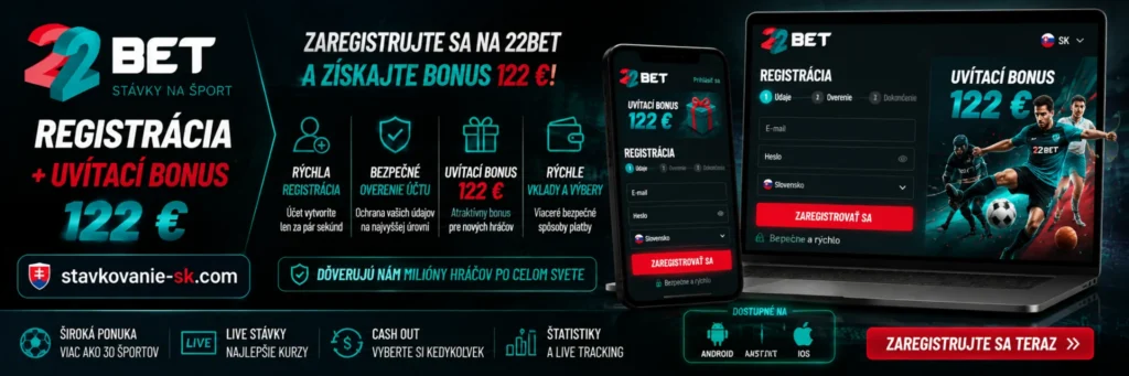 22Bet registrácia a uvítací bonus 122 € – banner s vytvorením účtu, bezpečným overením, platobnými možnosťami a športovým stávkovaním.