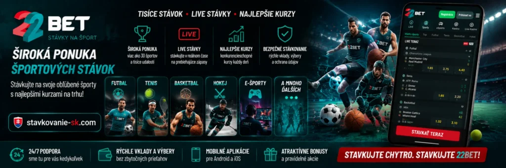 22Bet športové stávky – široká ponuka futbalu, tenisu, basketbalu, hokeja, e-športov a LIVE stávok v mobilnej aplikácii.