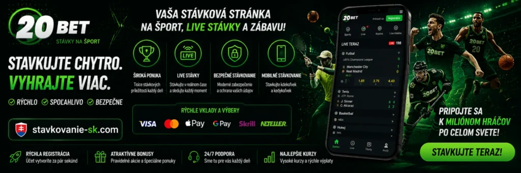 20Bet športové stávky – prehľad ponuky LIVE stávok, mobilného stávkovania, bezpečných platieb, kurzov a športov dostupných na platforme.