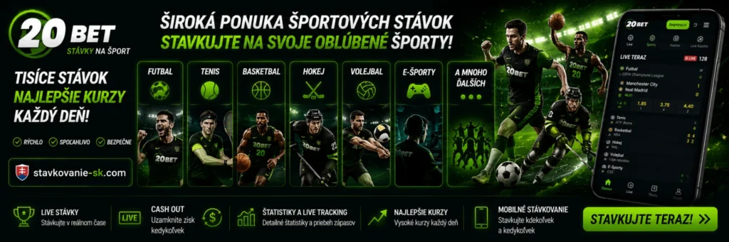 20Bet športové stávky – banner s ponukou futbalu, tenisu, basketbalu, hokeja, volejbalu, e-športov, LIVE stávok a mobilného stávkovania.