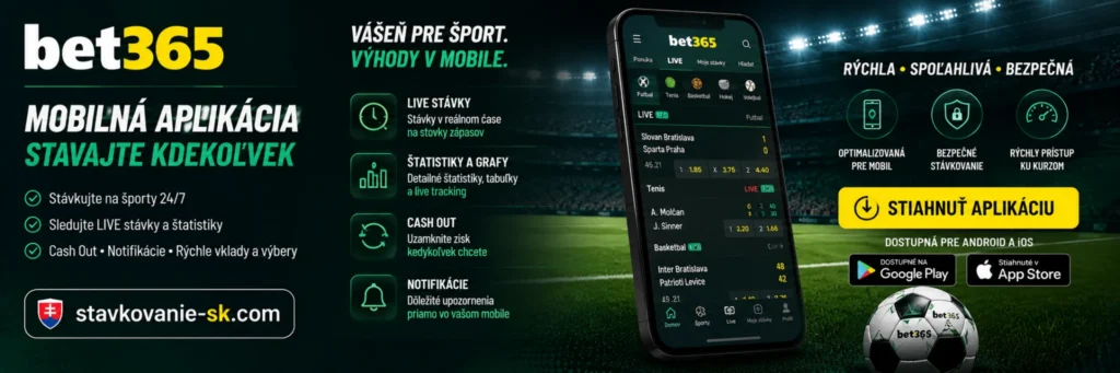 Bet365 mobilná aplikácia – banner so športovými a LIVE stávkami, štatistikami, Cash Out funkciou a prístupom cez Android a iOS.