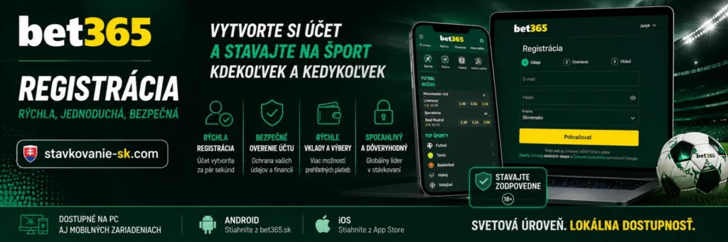 Bet365 registrácia – banner s postupom vytvorenia účtu, bezpečným overením, vkladmi a mobilným prístupom k športovým stávkam.