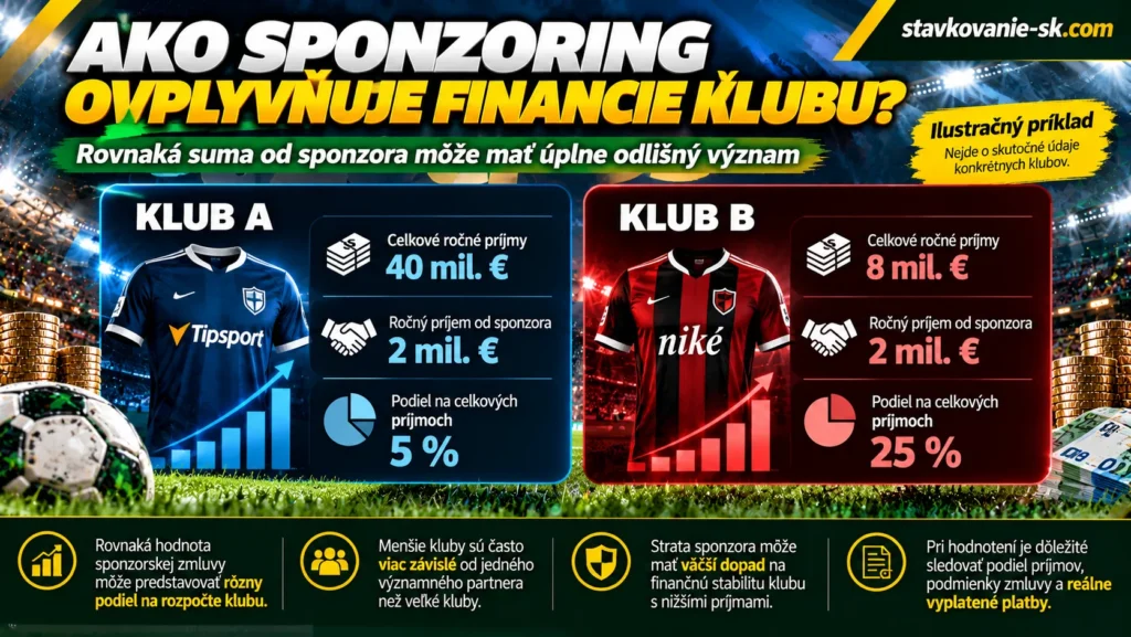 Infografika o vplyve sponzoringu na financie futbalových klubov – porovnanie dvoch modelových klubov, pri ktorých rovnaký príspevok 2 milióny eur predstavuje 5 % alebo 25 % ročných príjmov